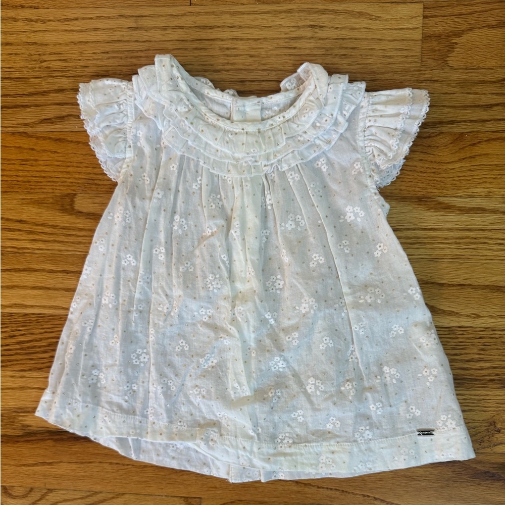 Baby Girl Short Sleeve Ruffle Top Shirt Dress WHITE FLOWERS WITH GOLD POLKA DOT